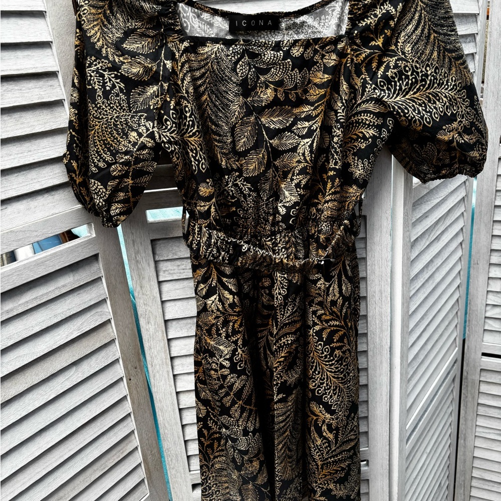 ICON Black Midi Dress with Gold Leaf Jacquard
